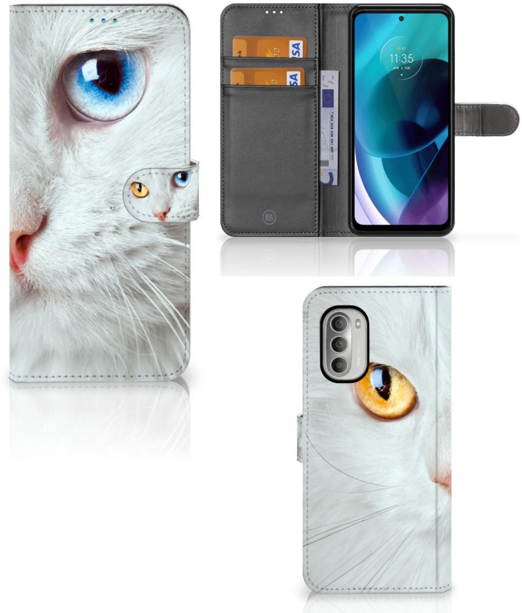 Motorola Moto G51 5G Telefoonhoesje met Pasjes Witte Kat