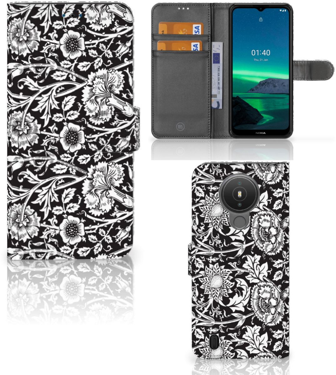 Nokia 1.4 Hoesje Black Flowers