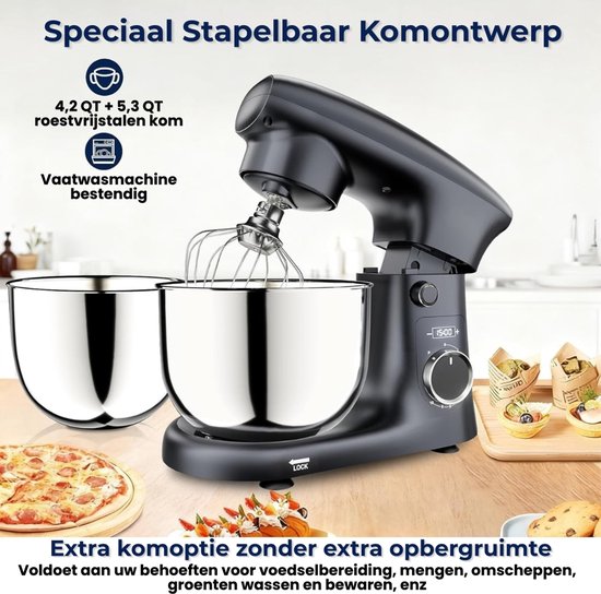 Keukenmachine Krachtige Motor & Stijlvol Design voor Perfecte Resultaten - Keukenrobot met 2 RVS Kommen 4L en 5L en 10 Snelheden - Keukenmixer Stil & Duurzaam voor Mixen en Kneden - Ideaal voor Bakken & Dagelijks Gebruik van Merkloos — afbeelding 5