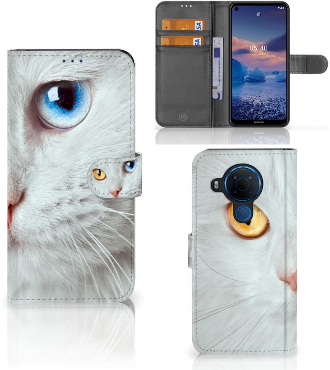 Book Case voor Nokia 5.4 Telefoonhoesje met Pasjes Witte Kat
