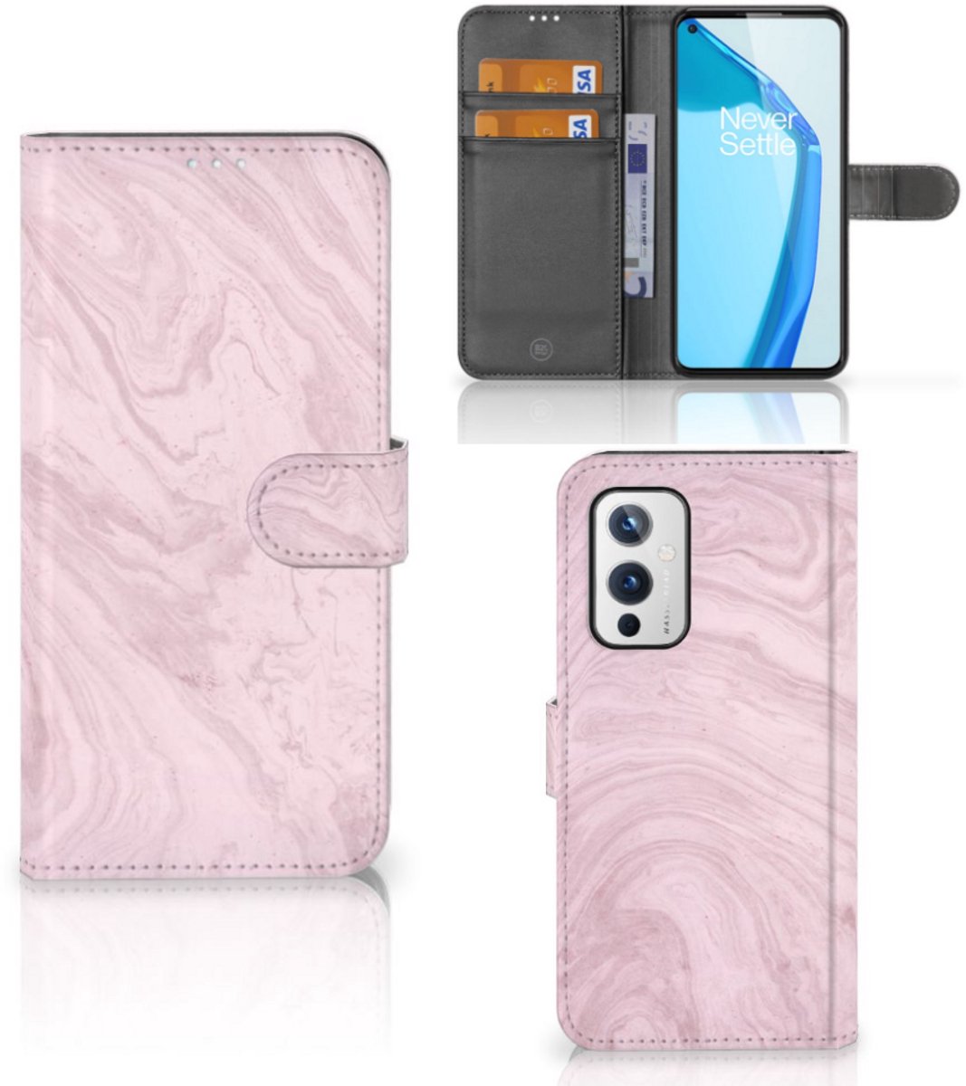 OnePlus 9 Bookcase Marble Pink - Origineel Cadeau Vriendin
