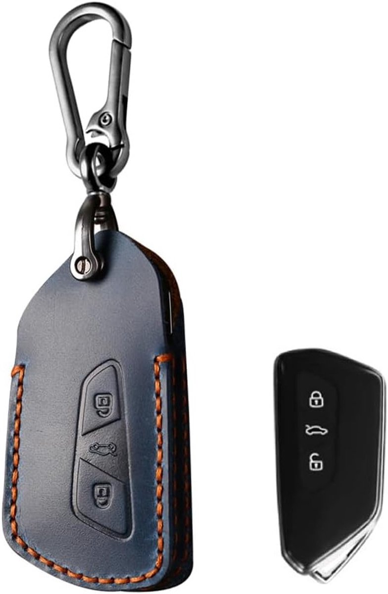 Genuine Leer Autosleutelhoes Geschikt voor VW Golf 8, Cupra Formentor, Seat Leon en Skoda - Sleutelhanger en 3 Knoppen Bescherming voor Autosleutels