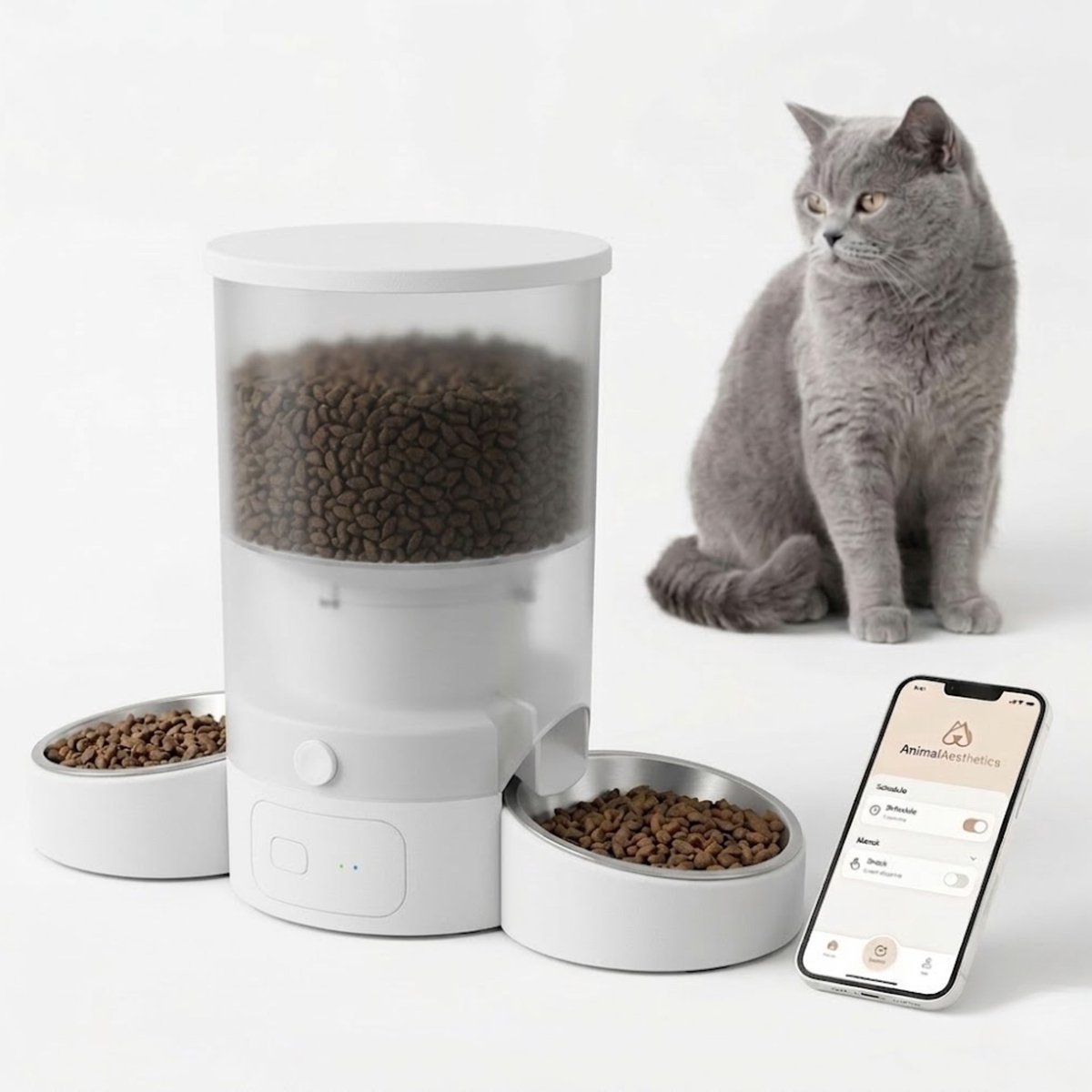 AnimalAesthetics Automatische Voerbak voor Kat & Hond Wit – App-bediening, Twee Bakken van Roestvrijstaal, Voerautomaat Kat 3L