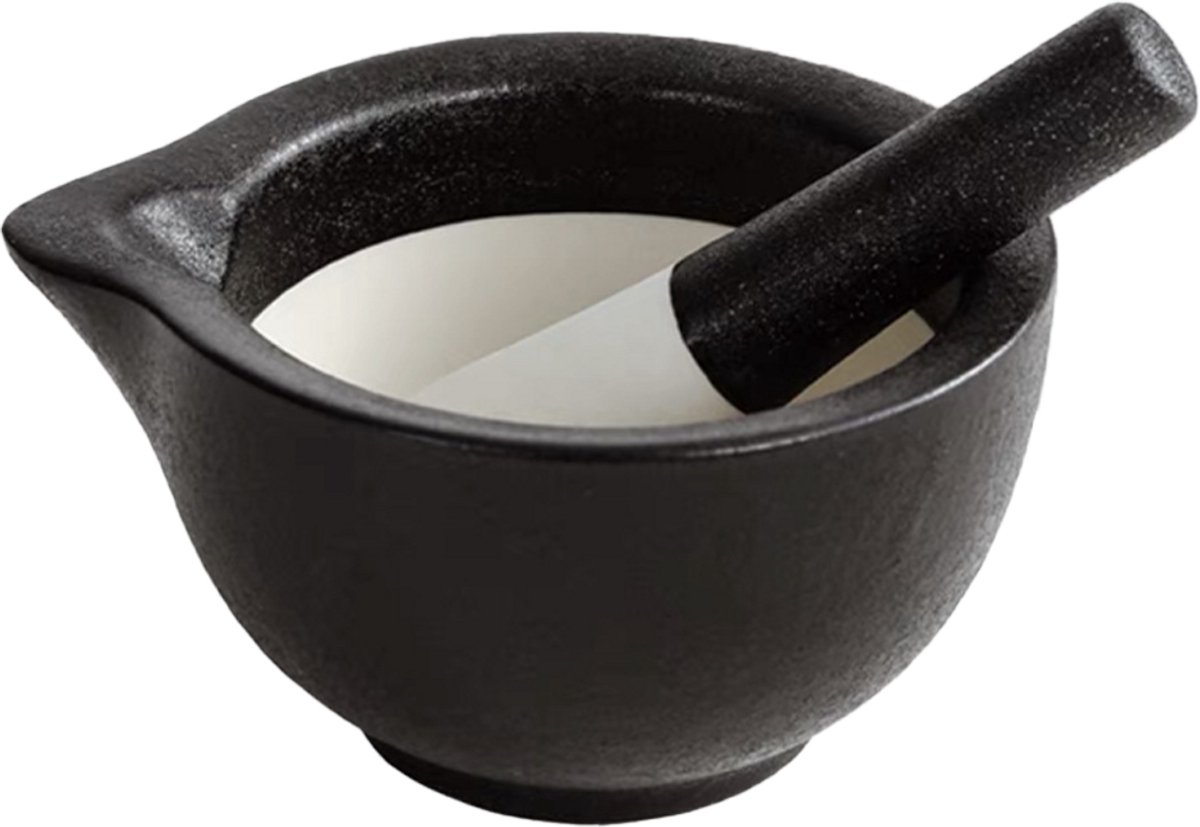 QTTVBTNA – 1 Stuk Vijzel - Met stamper - Keramische - Kruidenmaler Set - Voor Kruiden Specerijen Pillen Fijnmalen - Vaatwasserbestendig Duurzaam - Keuken Tool Voor Koken Mengen Malen en Bereiden – 10,2cm - Zwart