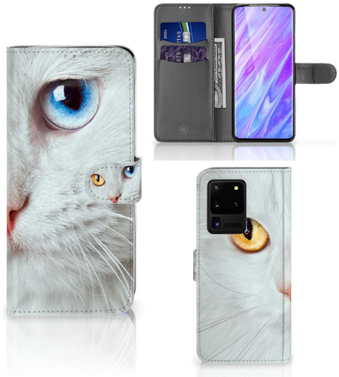 Samsung Galaxy S20 Ultra Telefoonhoesje met Pasjes Witte Kat