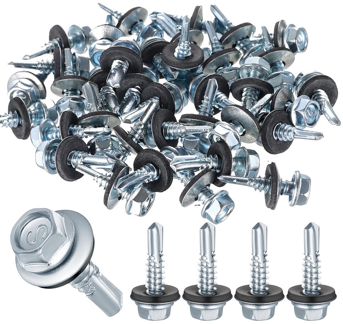 Set van 100 trapeziumvormige zelftappende schroeven met zeskant kop, 6.3 x 25 mm, inclusief afdichtring en wasmachine voor stevige bevestiging en waterdichte afdichting