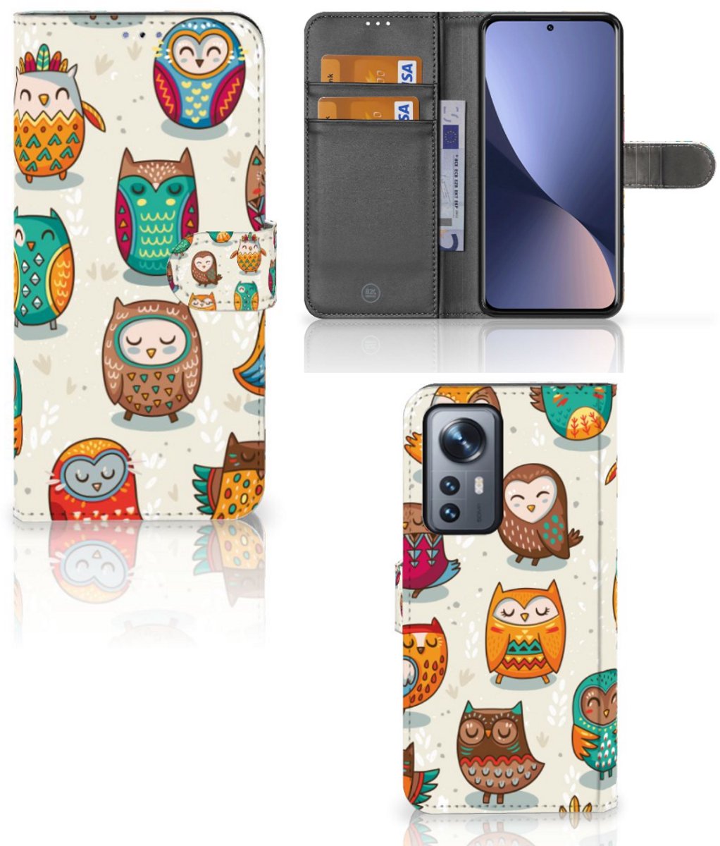 Xiaomi 12 Pro Telefoonhoesje met Pasjes Vrolijke Uilen