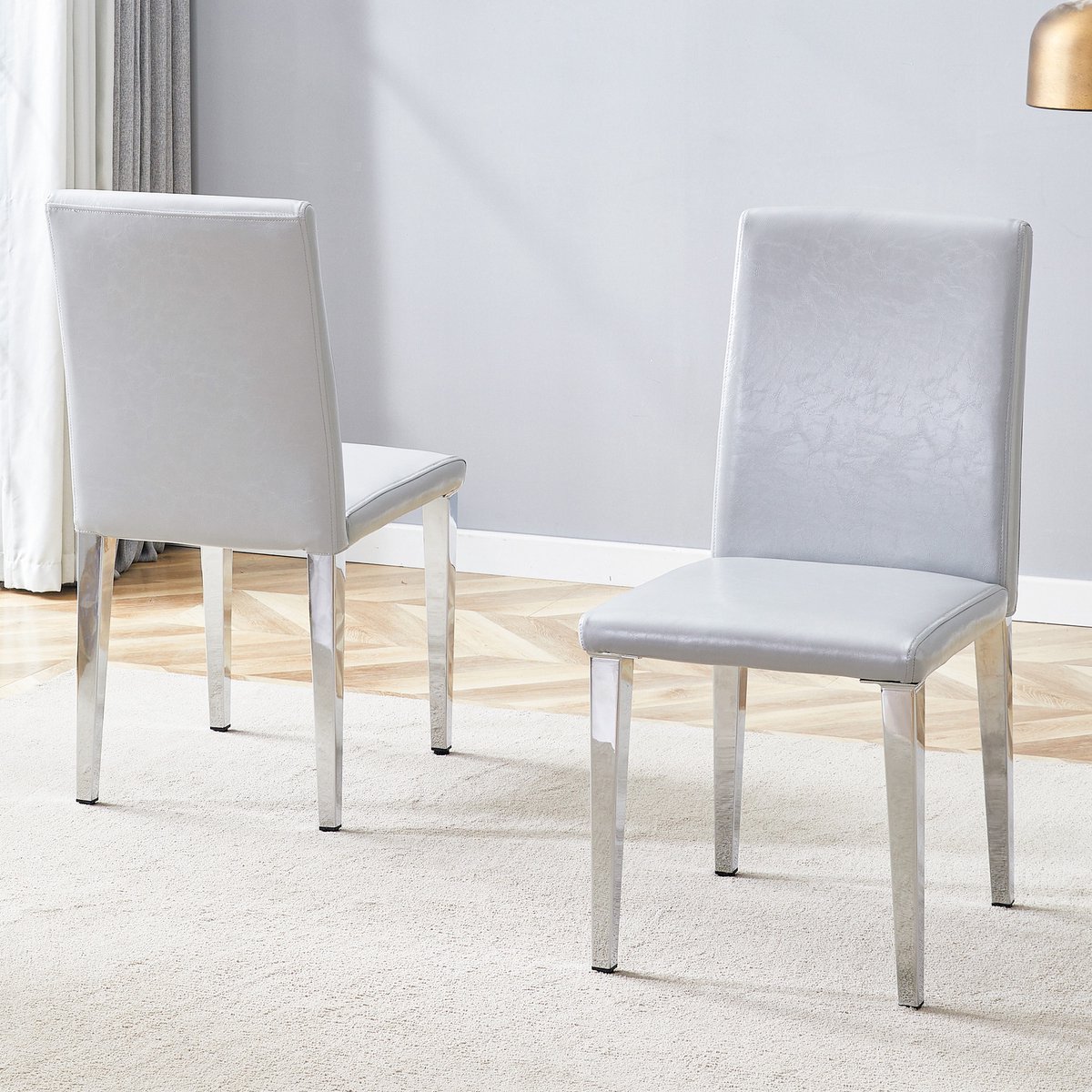 Wishdor Eetkamerstoelen Set Van 2 - Ergonomische Rugleuning En Onderhoudsvriendelijk - Minimalistisch - Voor Eetkamer - Metaal En Kunstleer - Lichtgrijs En Zilver - 90 X 41 X 47 Cm Lichtgrijs, Zilver