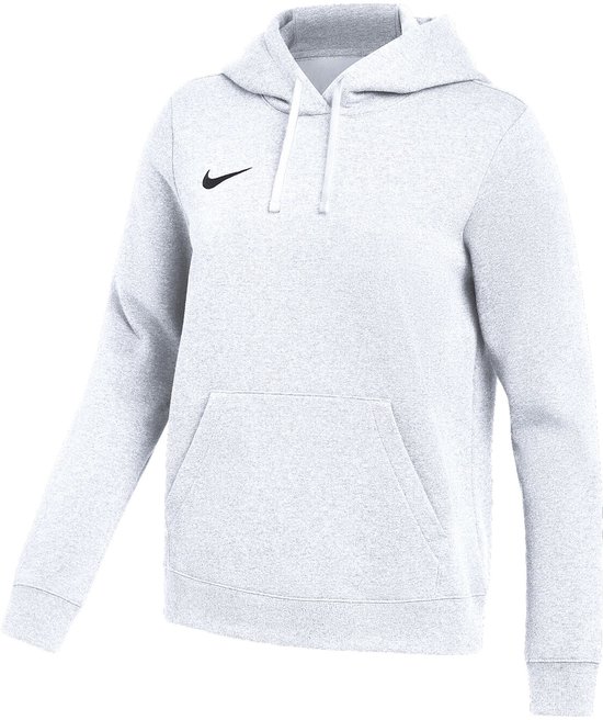 Dames hoodie in lichtgrijs gemêleerd fleece met capuchon, kangoeroezak en zwart Nike logo op de borst.