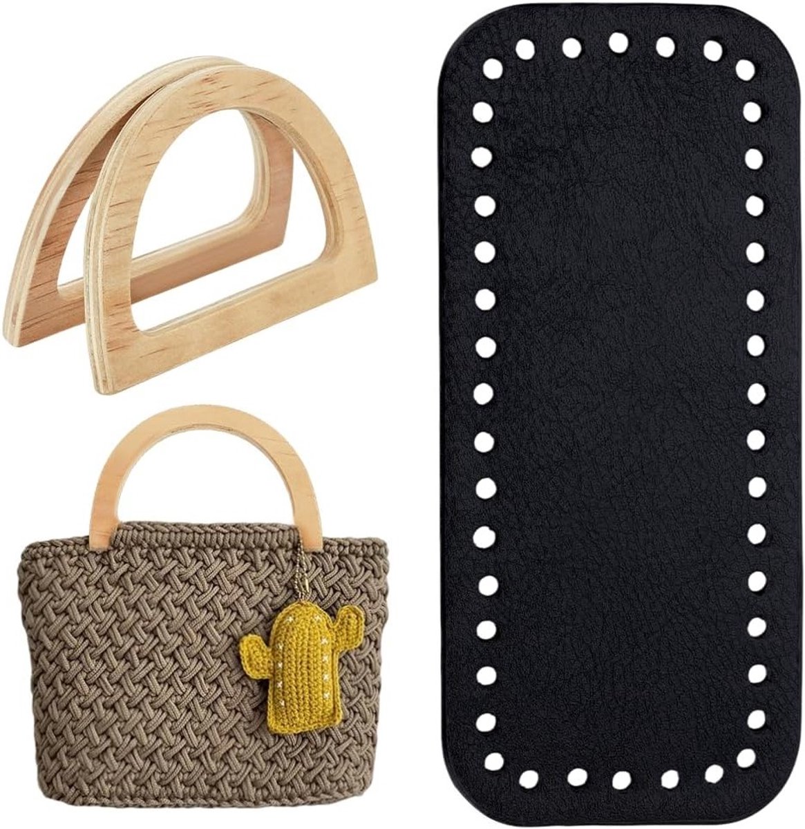 Set voor het Maken van Haakhandtassen met PU Leren Bodem en Houten Handvatten voor DIY Projecten, Ideaal voor Creatieve Tassen en Accessoires