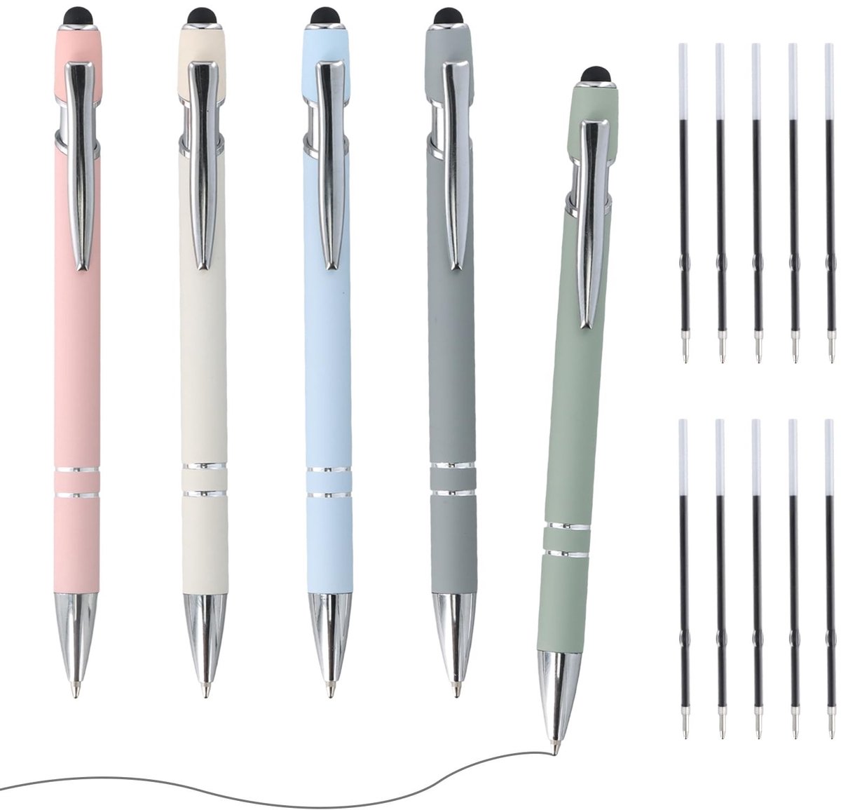 Cosensi - Balpen Set - 5 Zwarte Balpennen - 2-in-1 Touchpen - Metaal - Vervangingen - Voor Kantoor en Thuis - Inclusief 10 Navullingen