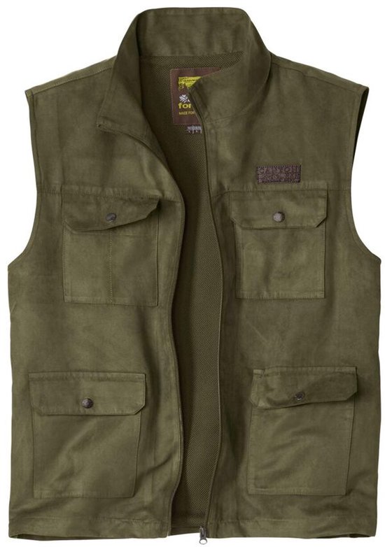 Olijfgroene bodywarmer met ritssluiting, staande kraag en vier opgestikte borstzakken.