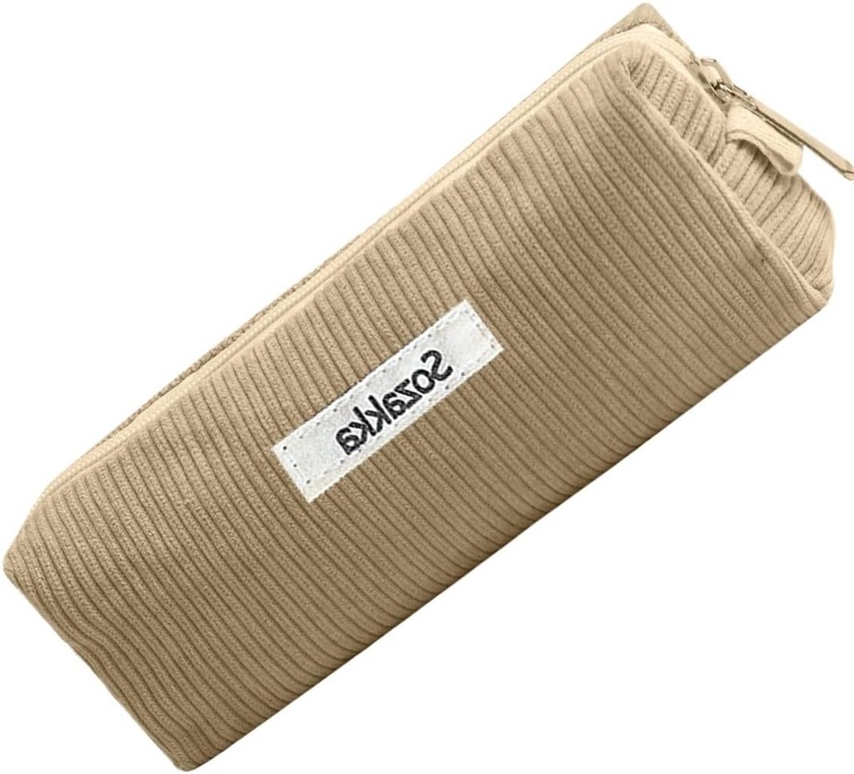 Ribbelstof Pennenhouder voor Meisjes en Tieners, Praktische Pennenzak met Rits voor School, Kantoor en Reizen, Roze (Beige)