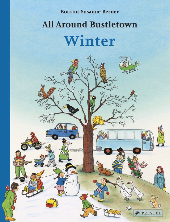 Boekomslag van 'All Around Bustletown: Winter' met illustraties van mensen, dieren en voertuigen in een winterlandschap.