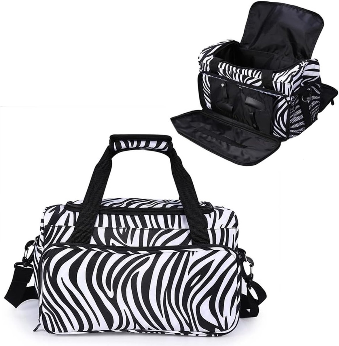 Professionele tooltas voor kappers met schouderriem, zebra print, verstelbare indeling en vakken voor föhn, stijltang en krultang