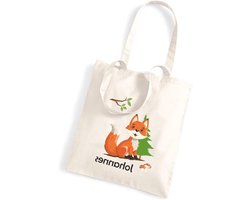 minimutz Jute tas bedrukt met eigen naam, motief vos in het bos, grote stoffen tas, katoen, gepersonaliseerde kinderdagverblijf, meisjes en jongens