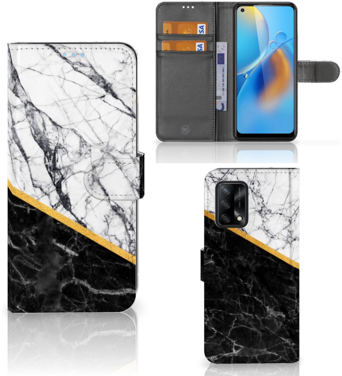 OPPO A74 4G Bookcase Marmer Wit Zwart - Origineel Cadeau Man