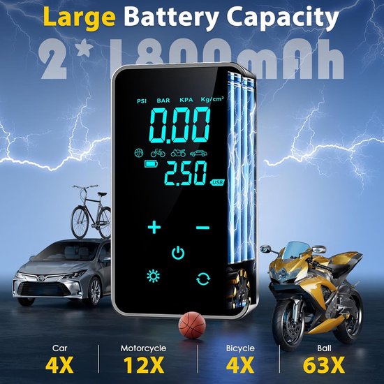Fietspomp - Fietspomp elektrisch - Elektrische luchtpomp - Draagbare luchtcompressor - Elektrische bandenpomp van 150 PSI - Draadloze elektrische luchtpompcompressor met touchscreen/verlichting - Voor motorfiets - Fiets en auto — afbeelding 4
