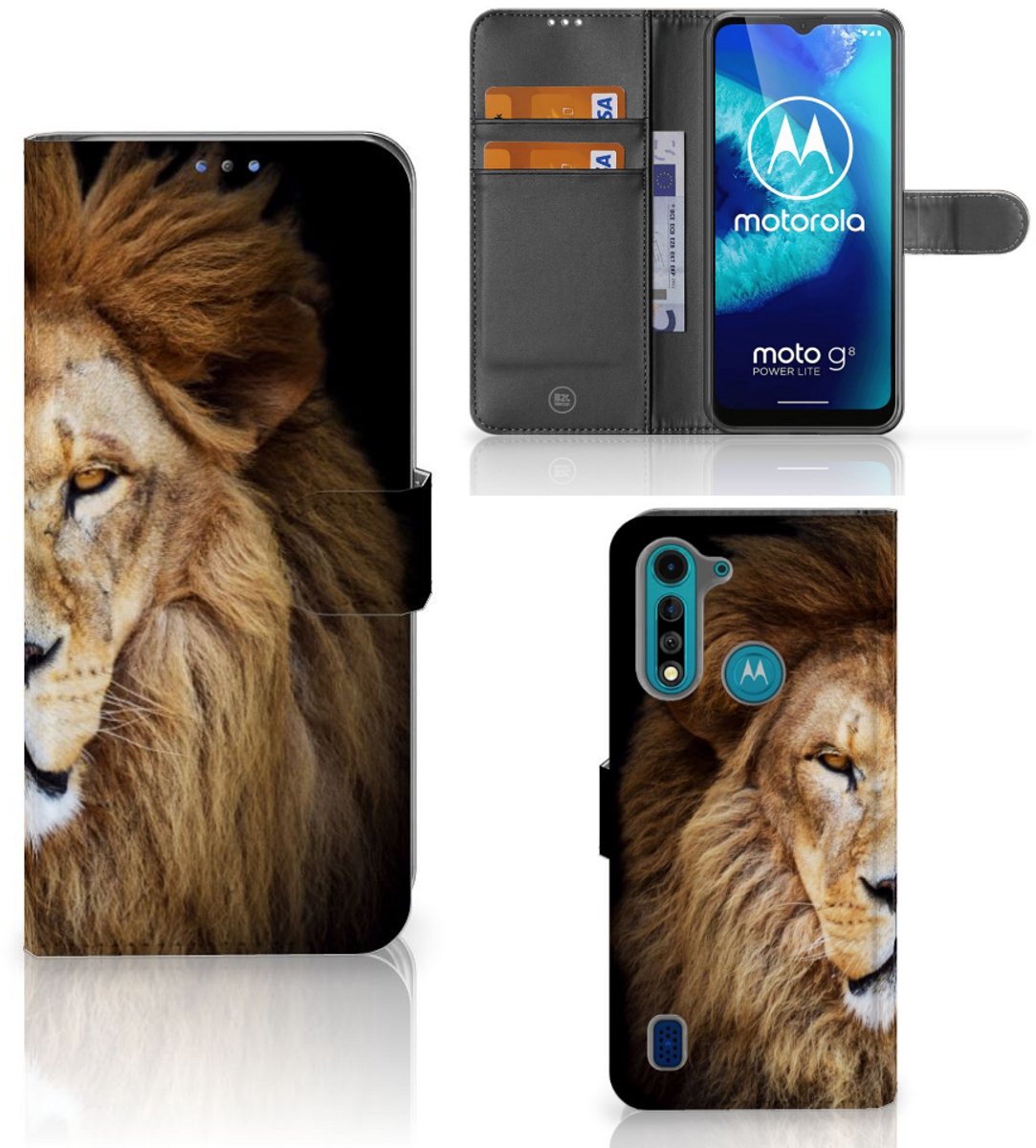 Motorola G8 Power Lite Telefoonhoesje met Pasjes Leeuw