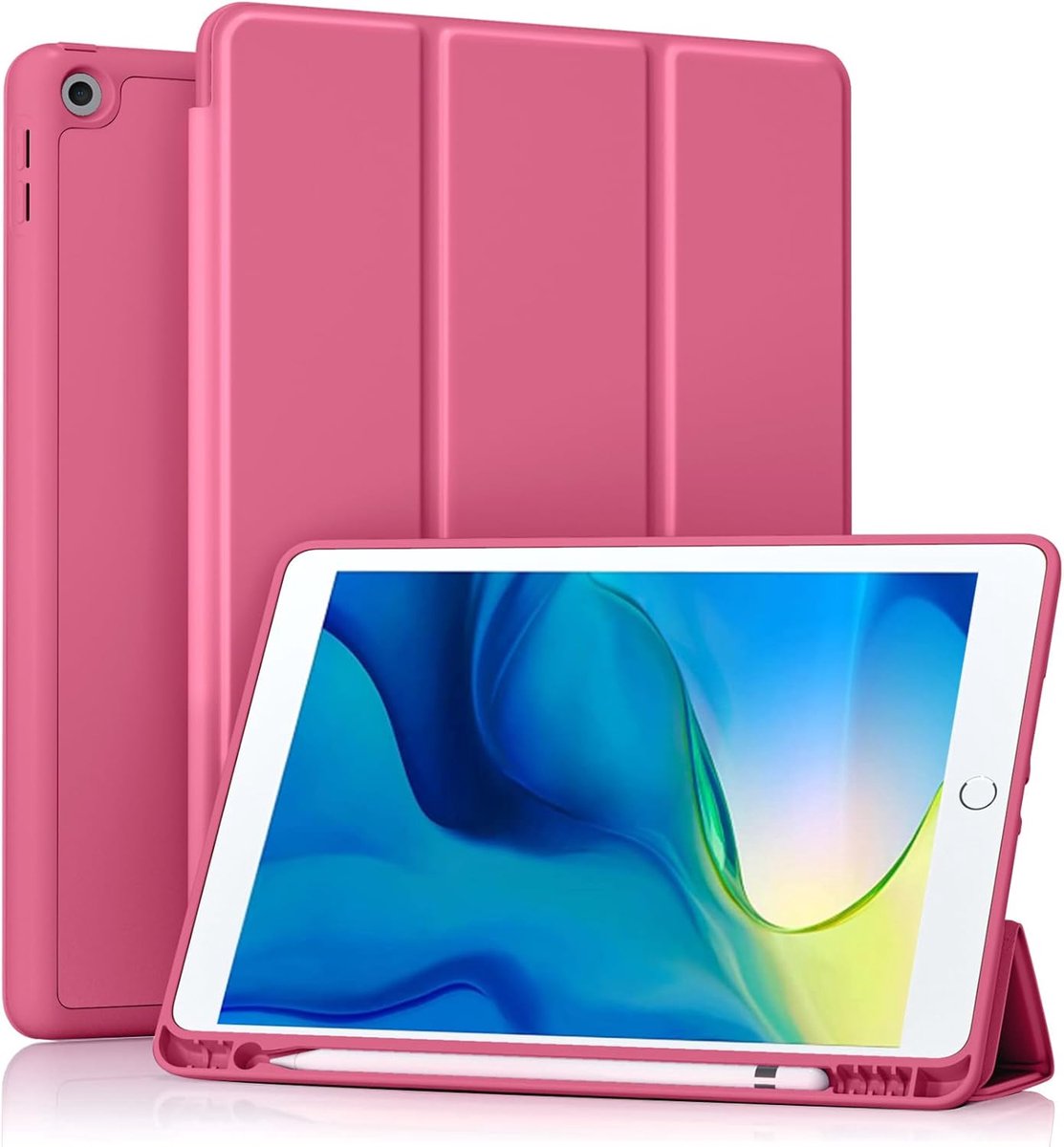 Hoesje compatibel met iPad 10,2 inch – Geschikt voor iPad 9e, 8e en 7e generatie met penhouder – Hoesje met zachte TPU-achterkant – Automatische slaap-/wekfunctie – Roze