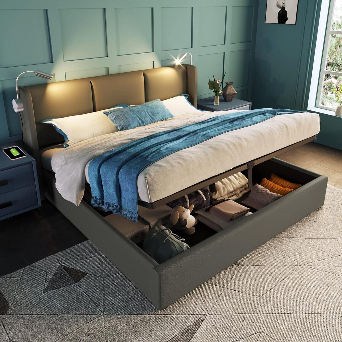 Gestoffeerd Bed - Opbergbed Bedframe - Ruimte Besparen - Geïntegreerde Leeslamp - 140 x 20