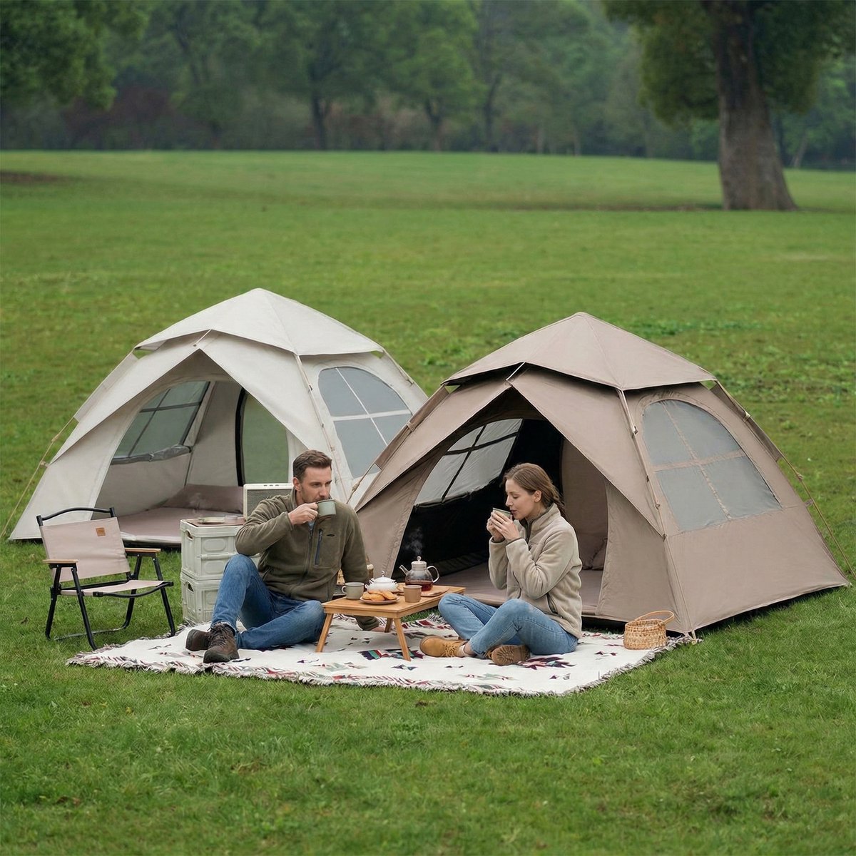 Automatische Pop-up Tent - Vierhoekige Kampeertent voor 1-2 Personen - Vaste Zonnekap - Inclusief Draagtas - Ideaal voor Gezinscamping en Festivals - Met Zwarte UV-Block Coating - Snelle 3-Seconden Opzet - Kaki – foto 5