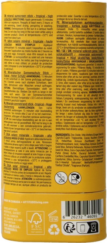 Ingrediëntenlijst voor Attitude zonnebrandstick SPF 30 tropical.