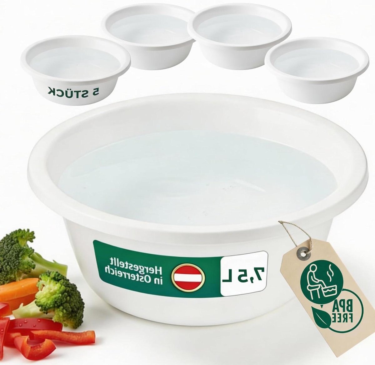 Ronde Spoelbakken - Plastic Kommen - Keuken en Camping - BPA-vrij en Vaatwasmachinebestendig - 5 stuks 36 cm - Wit