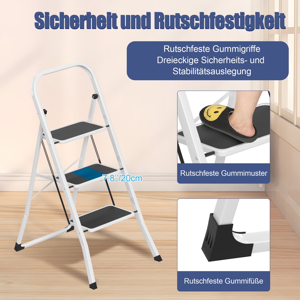 Froadp 3-treden metalen ladder, opvouwbare ladder, opstapje, antislip trapladder, multifunctionele ladder, opvouwbaar opstapje, opstapladder, sta-ladder tot 150 kg, zwart-wit – foto 4