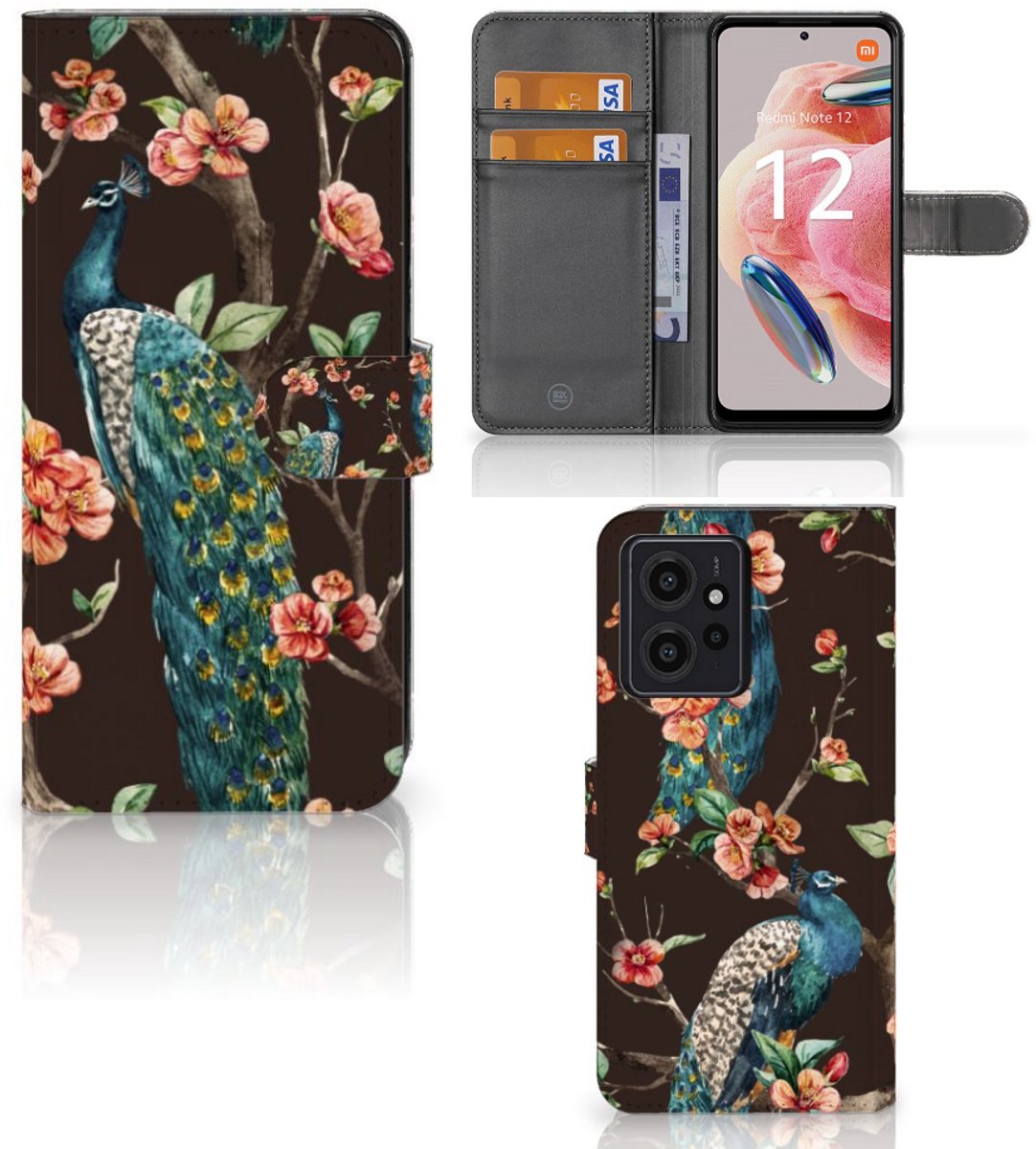 Xiaomi Redmi Note 12 4G Telefoonhoesje met Pasjes Pauw met Bloemen