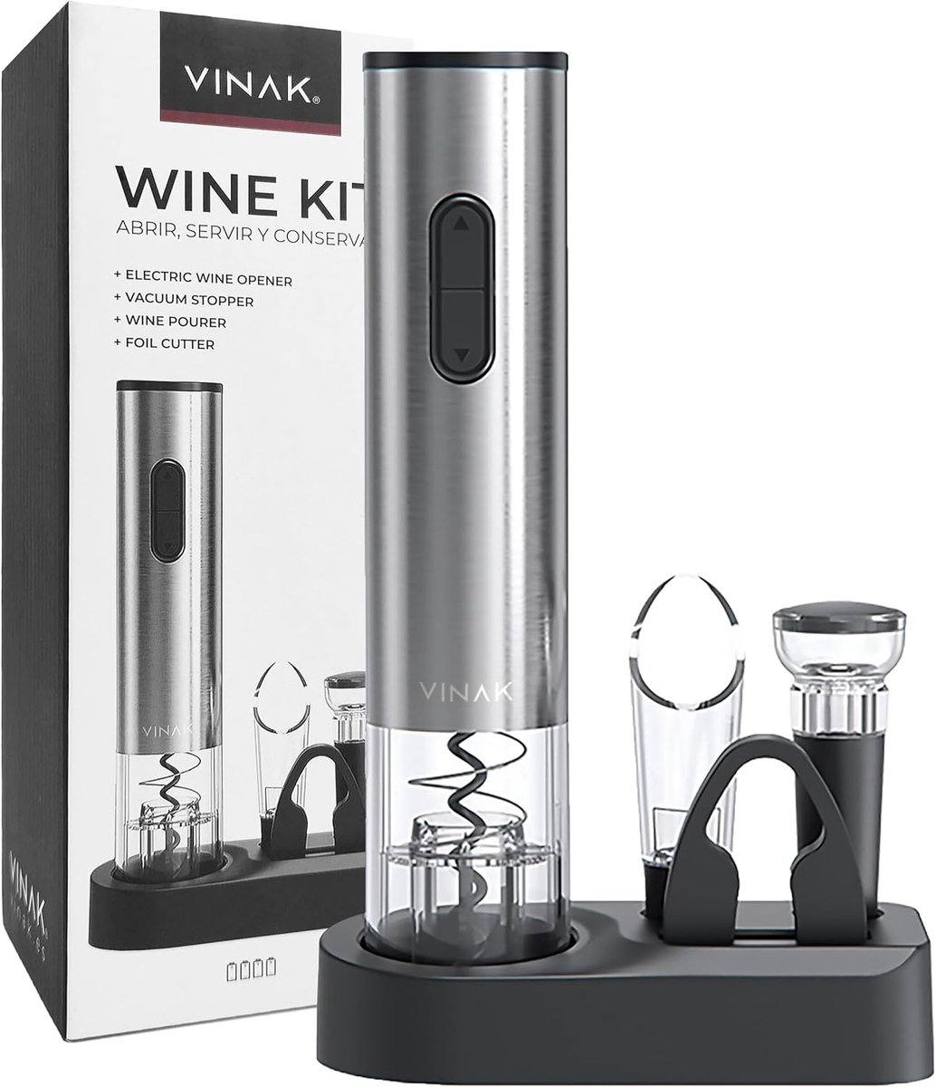 Elektrische Wijnset - Wijn Accessoires - Wijn Flessen Openen - Compleet met 4 Tools - 26cm Hoog - Roestvrij Staal