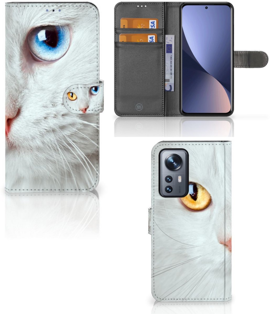 Xiaomi 12 Pro Telefoonhoesje met Pasjes Witte Kat
