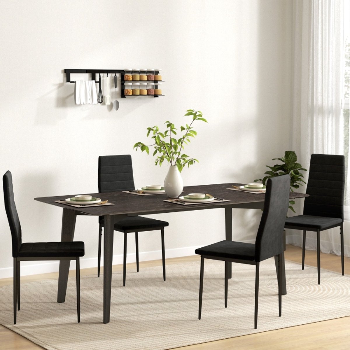 Wishdor Eetkamerstoelen Set Van 4 - Armloos Met Hoge Rugleuning En Kanaalstiksel - Modern Voor Eetkamer Of Keuken - Stoffen Bekleding En Poedergecoate Metalen Poten - Zwart - 41 X 50 X 97 Cm