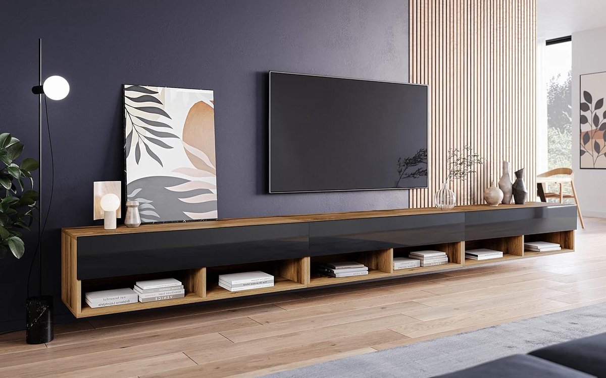 Tv-meubel - Lowboard Kast - Tv Kijken - Inclusief Ledverlichting - 300 cm breed - Zwart