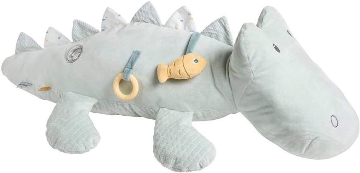 Activiteitenkrokodil - Pluche krokodil - Stimuleert zintuigen - Met spiegels en labels - ca. 28 cm - Lichtblauw