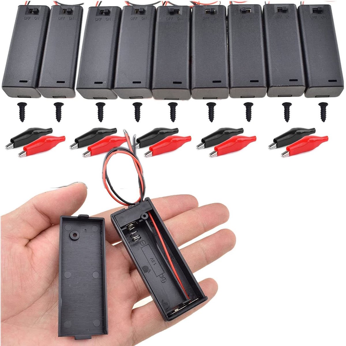 RUNCCI-YUN 10x AA Batterijhouder met Schakelaar en Krokodilklemmen - Ideaal voor DIY Projecten