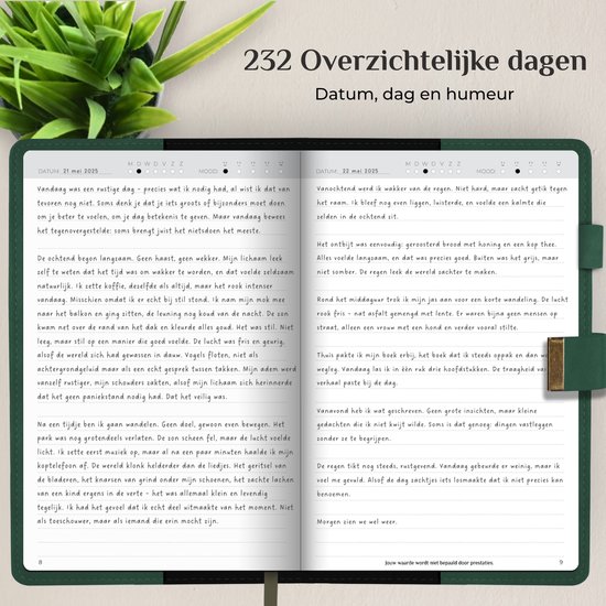 Pagina's met tekst en datum "Vandaag was een rustige dag" en "Vandaag werd ik wakker van de regen"