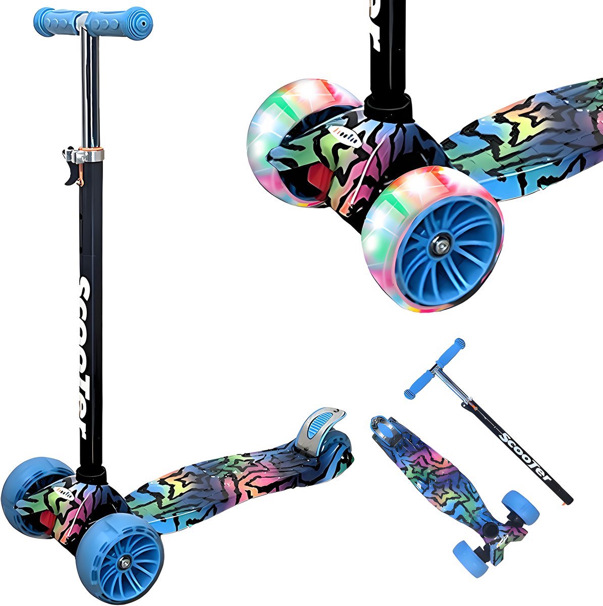 Kinderstep - LED-wielen met flitsende verlichting - max 50kg - leeftijd 3+ - hoogte verstelbaar 61-83 cm (3 standen) Blauw