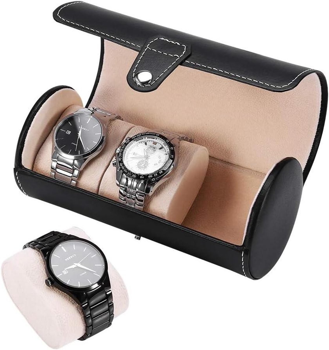 Horloge Doos - Watch Roll - Horloges Opbergen - Cilindrische Graten - 3 Vakken - Zwart