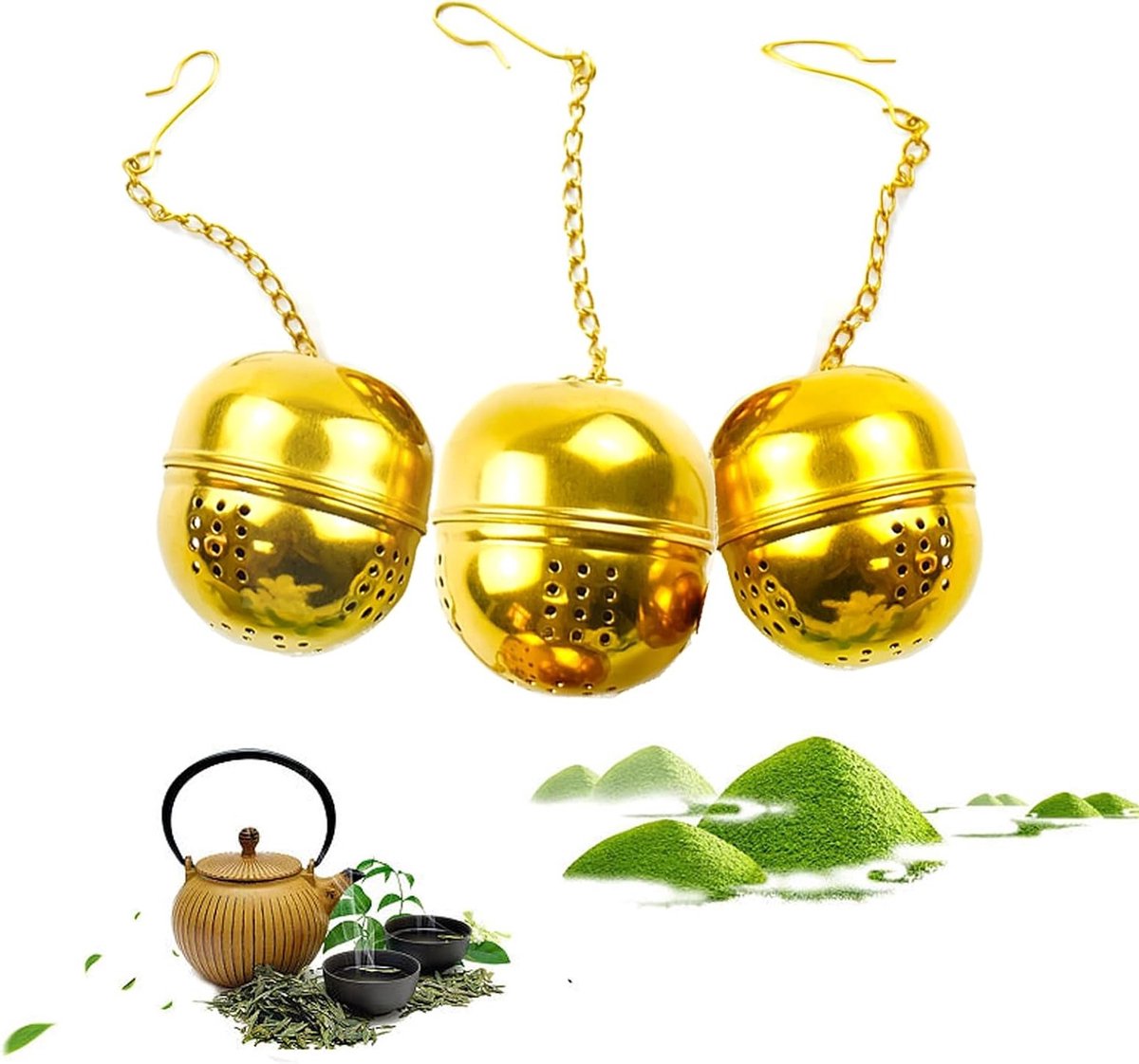 Set van 3 Gouden Theefilters van RVS voor Theekopjes, Theepotten en Kruidige Thee