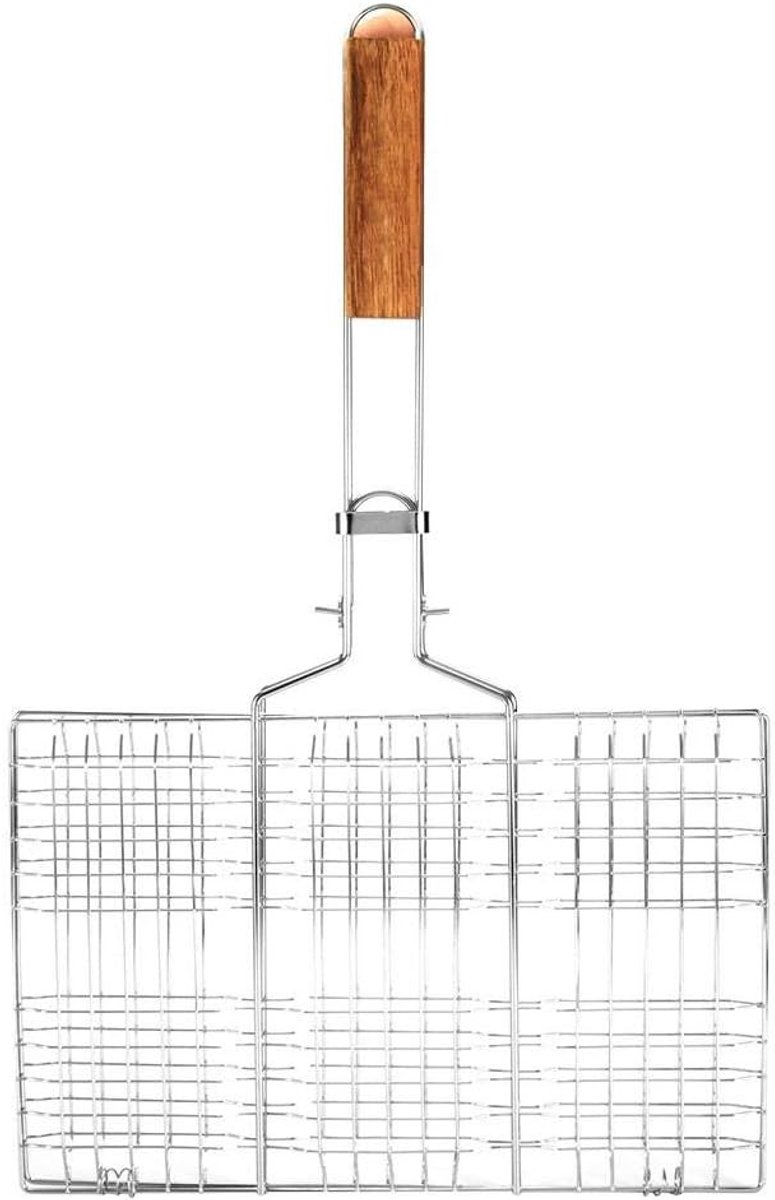 Professionele Grillmand voor BBQ - Draadmesh Grillnet voor Vis, Groenten en Steak met Houten Handvat