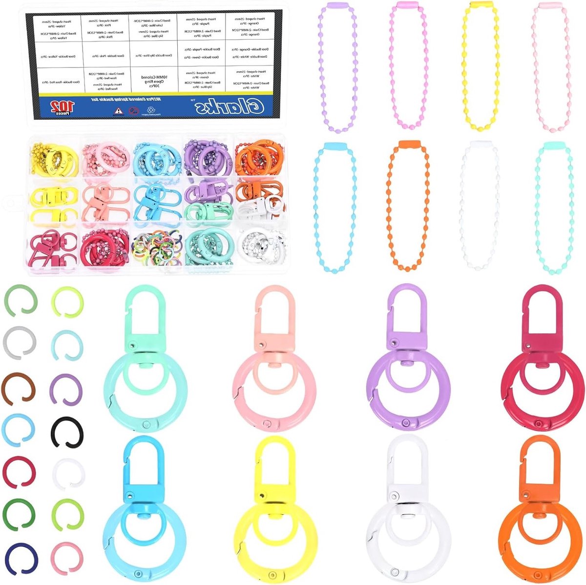 Complete set van 102 stuks met 28mm ronde sleutelhangers, karabijnhaken, lanyard clips en kettingen voor sleutels en accessoires
