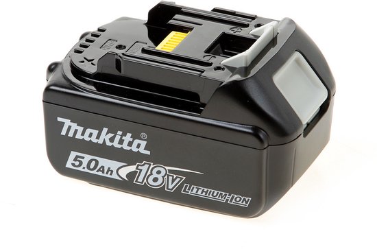 Zwarte Makita 18V Lithium-Ion accu, 5.0Ah met witte en gele details.