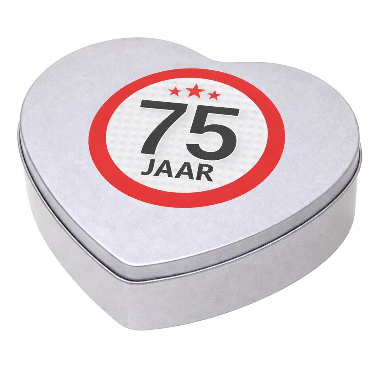 Cadeau 75 jaar - hartjes snoep blik met leeftijd etiket - 18x17 cm - verpakking - verjaardag