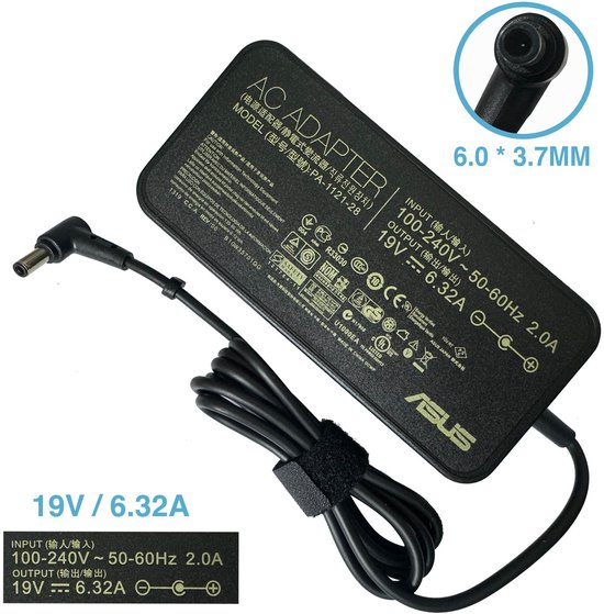 Asus laptop oplader 123W 19.5V 6.3A met 6.0×3.7 mm DC-plug, vervangende adapter voor ROG, TUF, VivoBook