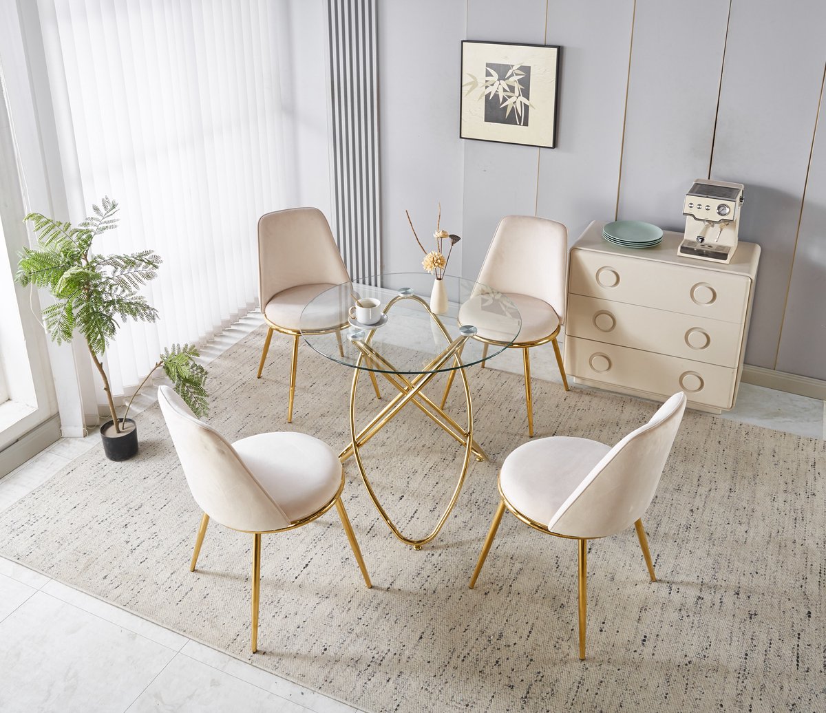 MODENUIT Eethoek 5-Delig - Tafel Met 4 Eetkamerstoelen - Hoge Rugleuning - Voor Eetkamer - Metaal Crèmewit Crème wit