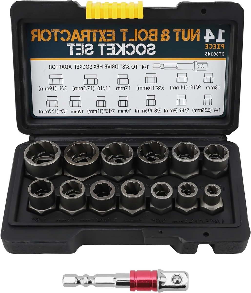 Complete Set van 14 Stuks voor het Verwijderen van Vastgeroeste en Beschadigde Wielmoeren, Inclusief Stripped Bolt Extractor en Locking Wheel Nut Tools