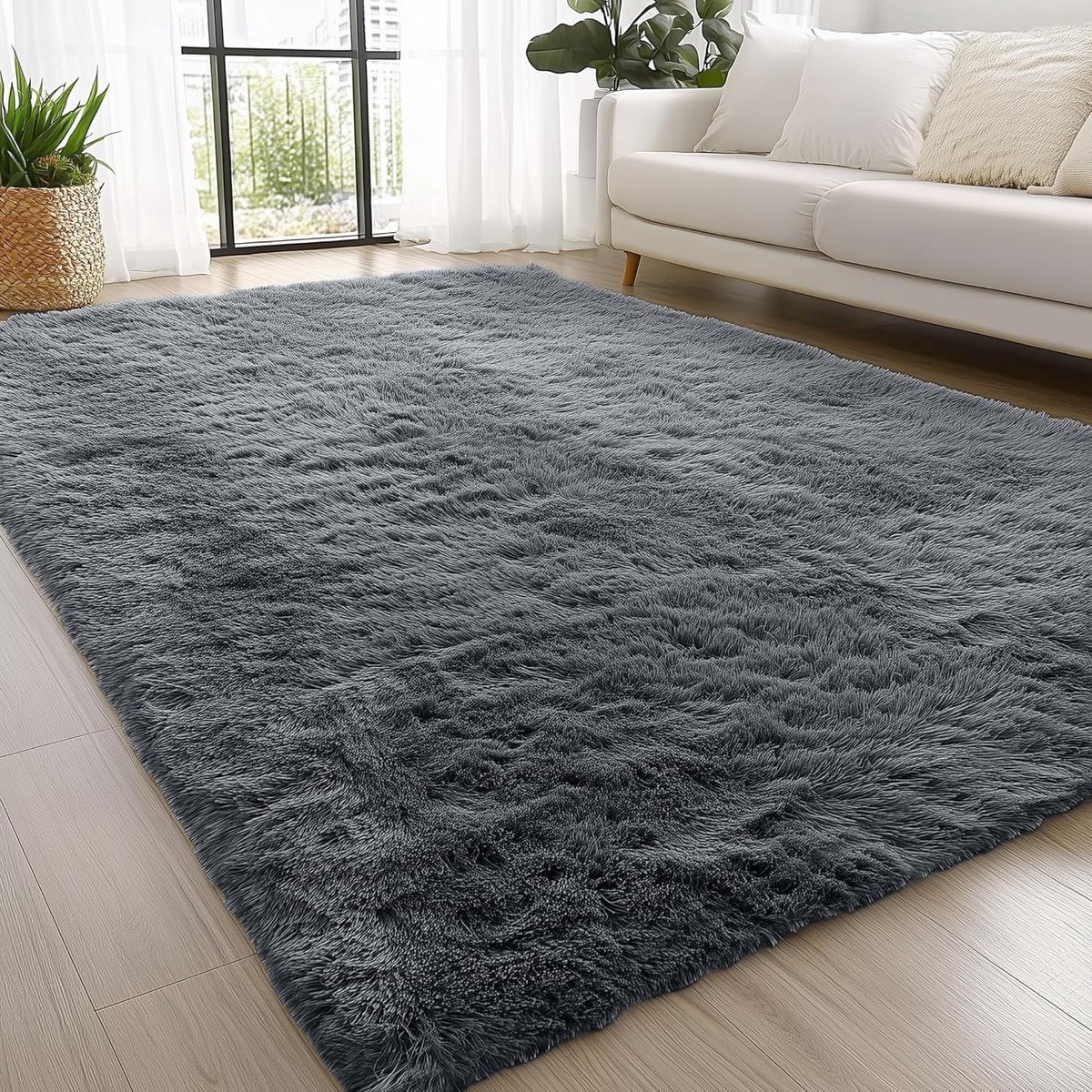 Olanly Woonkamerkleed - Kunstbont Vloerkleed- Hoogpolig- Pluizig En Zacht Klein Tapijt- 153x241 cm -Rechthoekig - Grijs