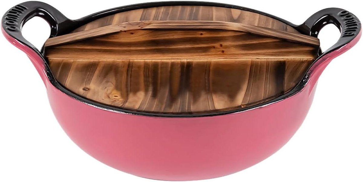 Gietijzeren Hollandse Oven - Braadpan Emaille - Brood Bakken - Houten Deksel - 2 Quarts - Roze