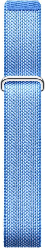 Blauw/paars geweven bandje met klittenband en metalen gesp, verticaal geplaatst.